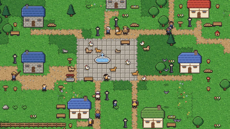 ドット絵モードの「湖のほとりの村」。石畳の広場に噴水があり、人やネコ、ニワトリが歩いている